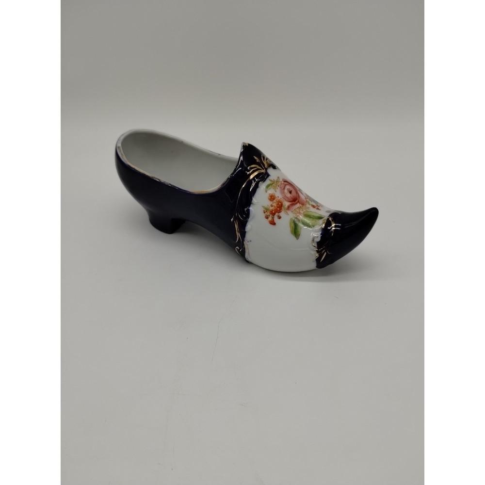 Blue White Porcelain Shoe Floral Gold Accent Hand painted